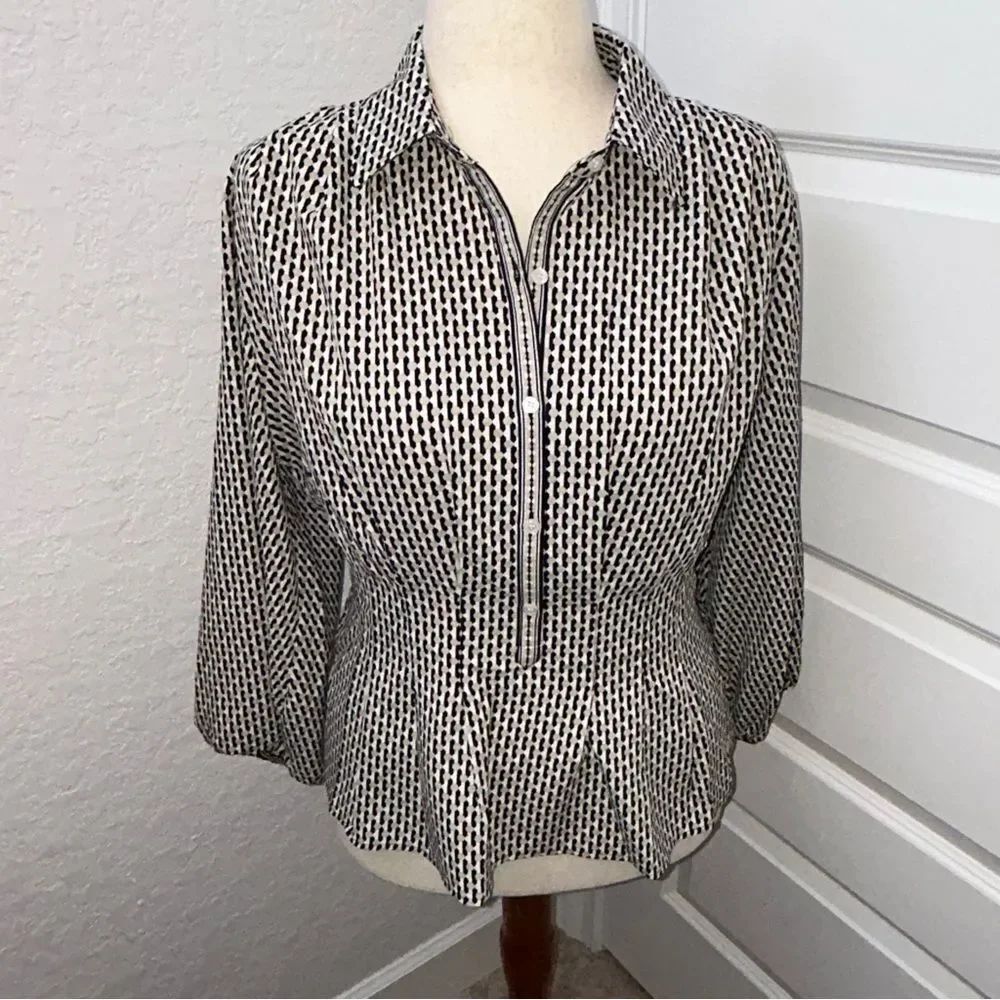 New, Max Studio Textured Check Pattern 3/4 Button Front Blouse Shirt Top